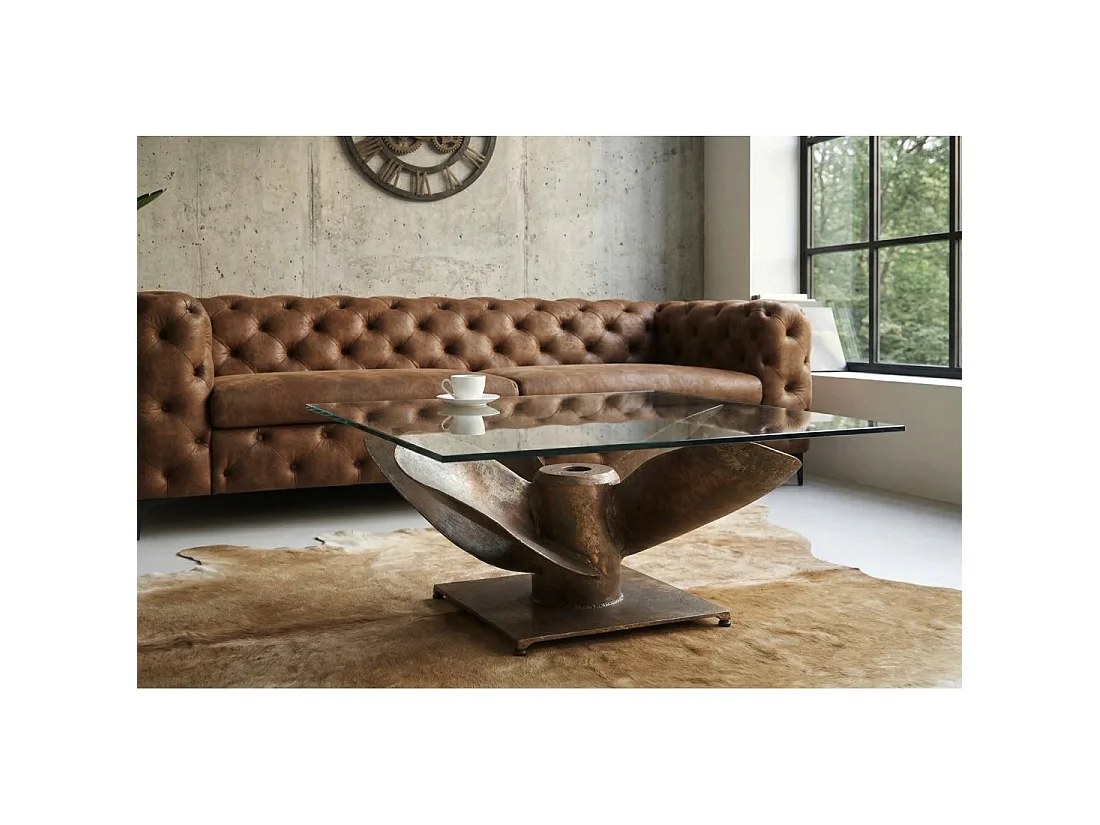 Table basse ALUMIA carrée 85 cm verre trempé et aluminium finition cuivre – design industriel pied hélice