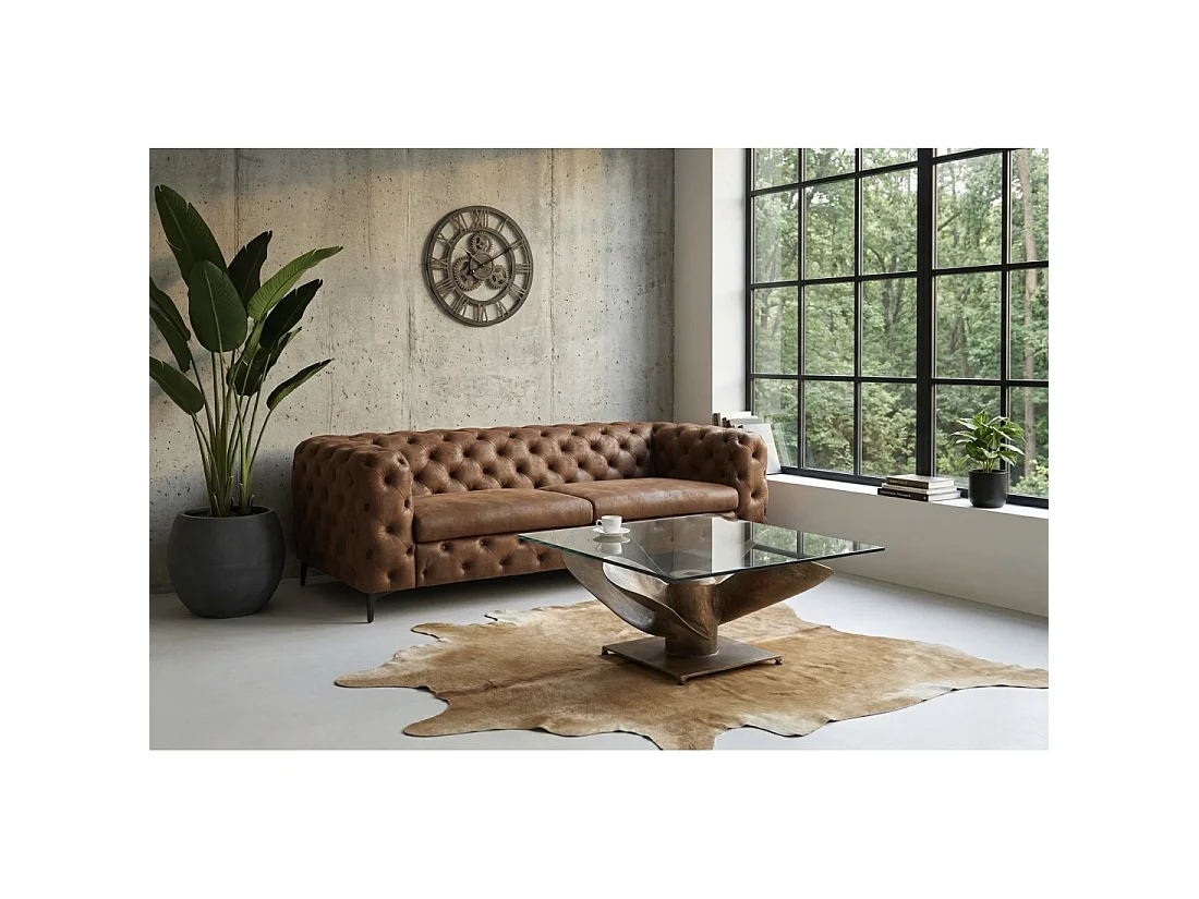 Table basse ALUMIA carrée 85 cm verre trempé et aluminium finition cuivre – design industriel pied hélice
