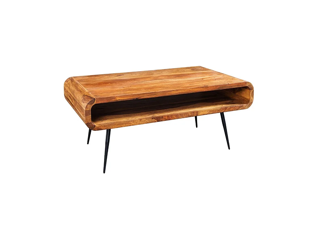 Mesa de centro RETROVA 90 cm en madera de Sheesham barnizada con patas de metal negro y nicho abierto