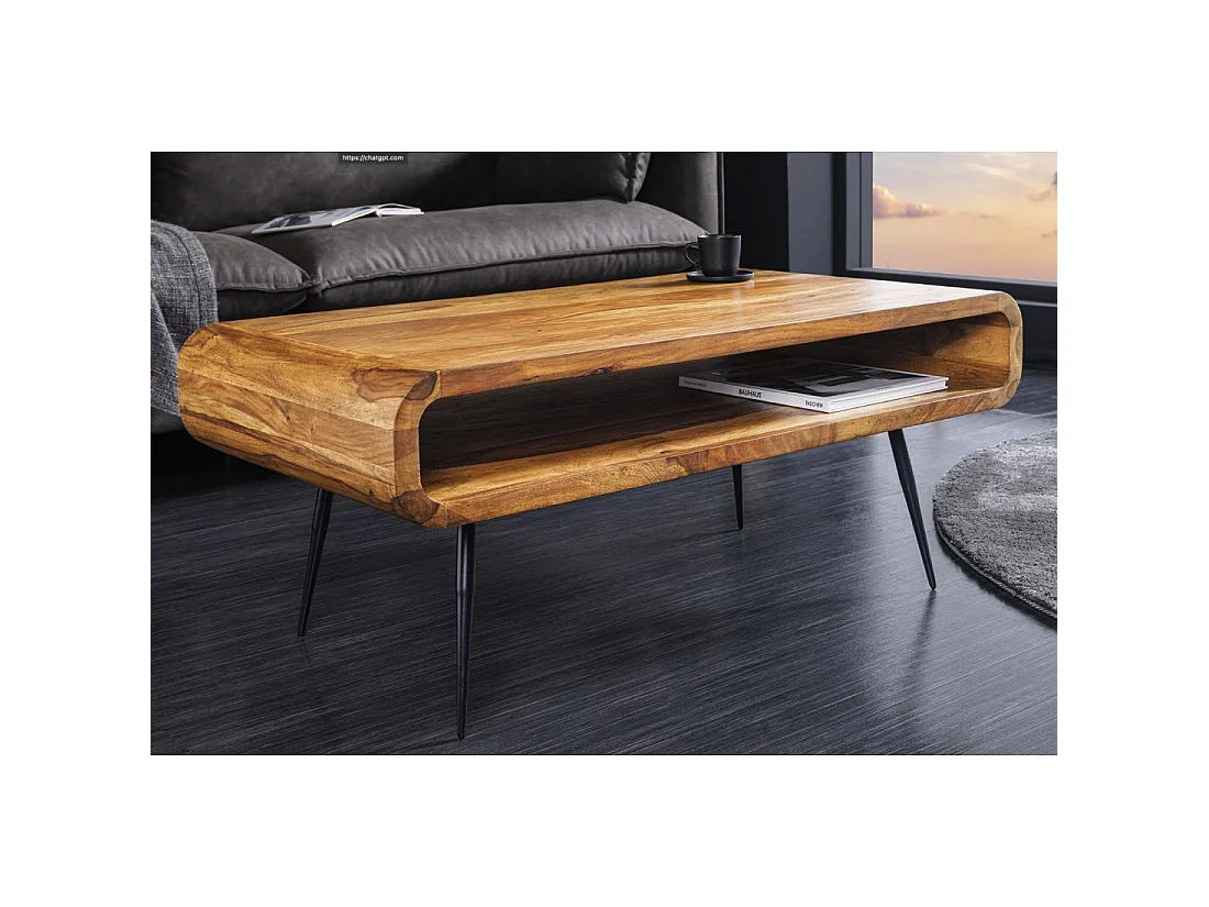 Mesa de centro RETROVA 90 cm en madera de Sheesham barnizada con patas de metal negro y nicho abierto
