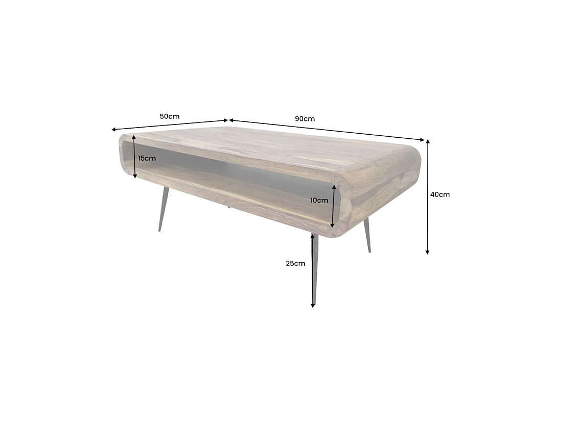 Mesa de centro RETROVA 90 cm en madera de Sheesham barnizada con patas de metal negro y nicho abierto