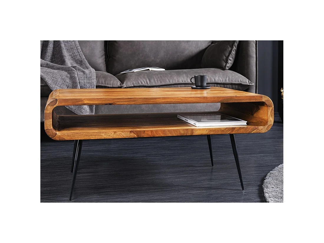 Mesa de centro RETROVA 90 cm en madera de Sheesham barnizada con patas de metal negro y nicho abierto