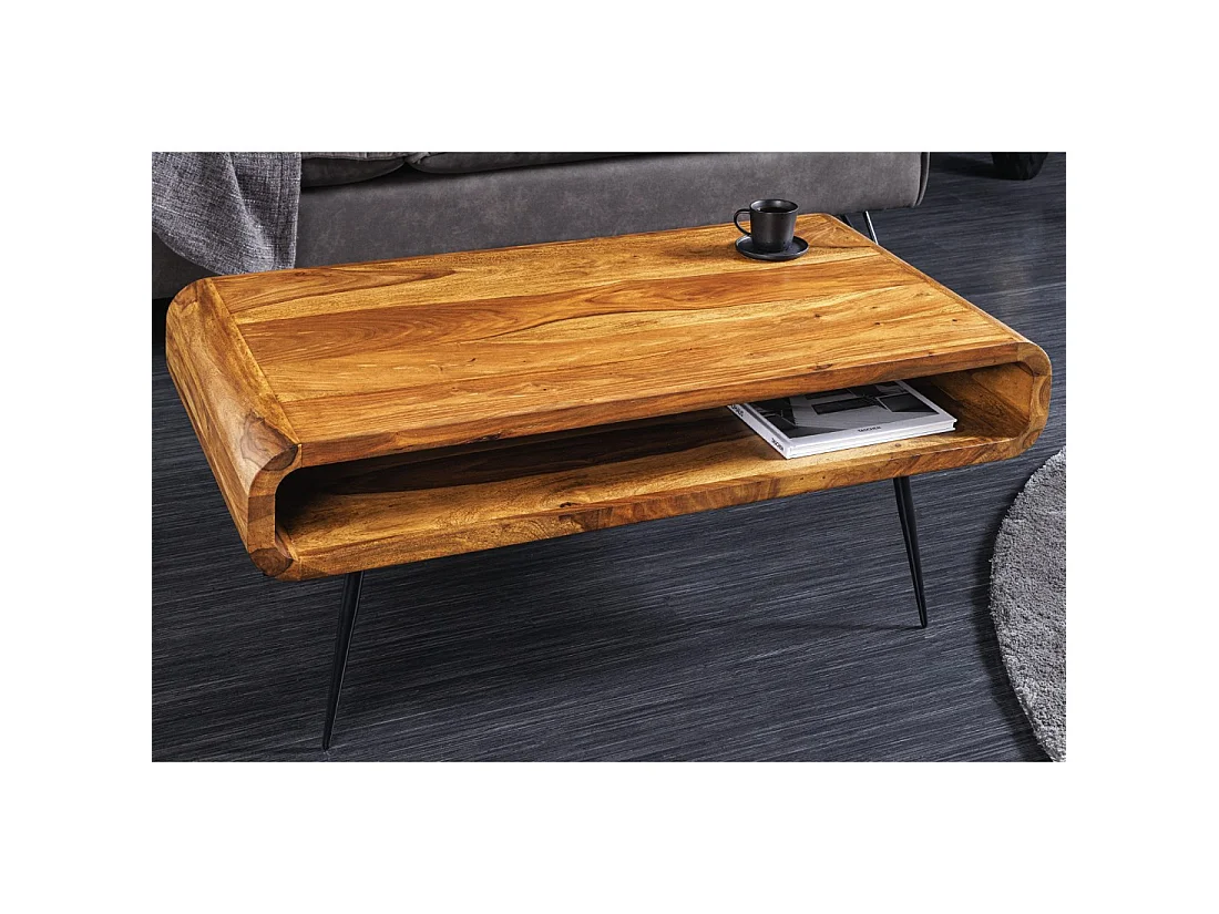 Mesa de centro RETROVA 90 cm en madera de Sheesham barnizada con patas de metal negro y nicho abierto