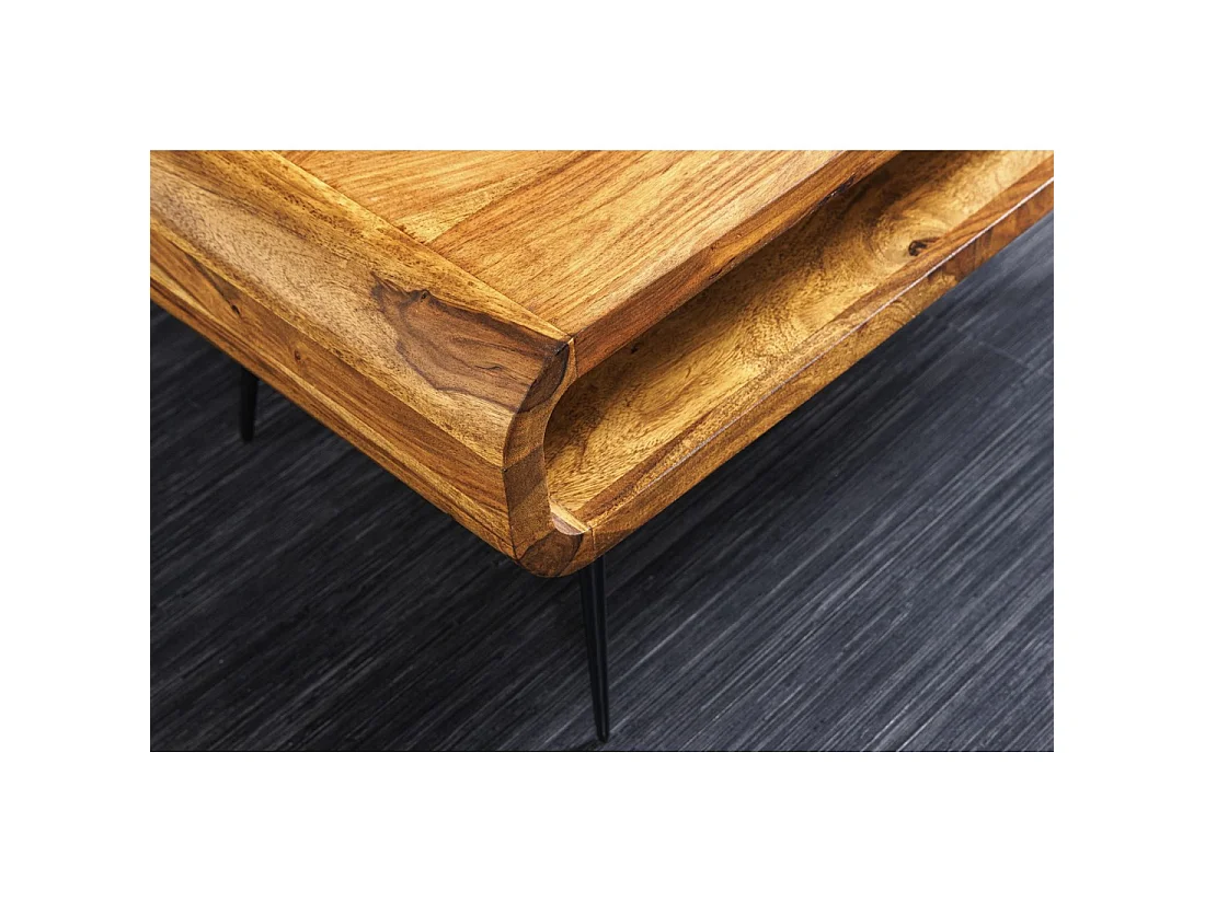 Mesa de centro RETROVA 90 cm en madera de Sheesham barnizada con patas de metal negro y nicho abierto