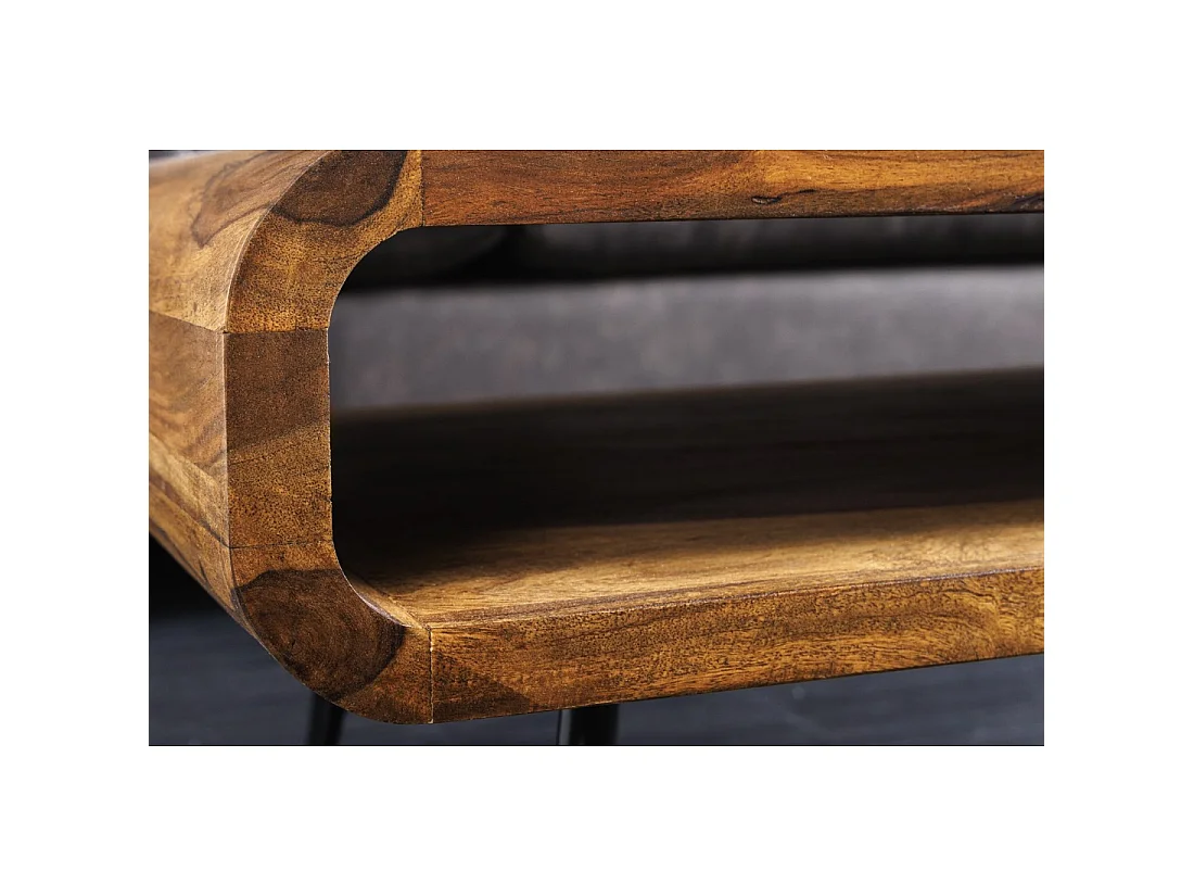 Mesa de centro RETROVA 90 cm en madera de Sheesham barnizada con patas de metal negro y nicho abierto
