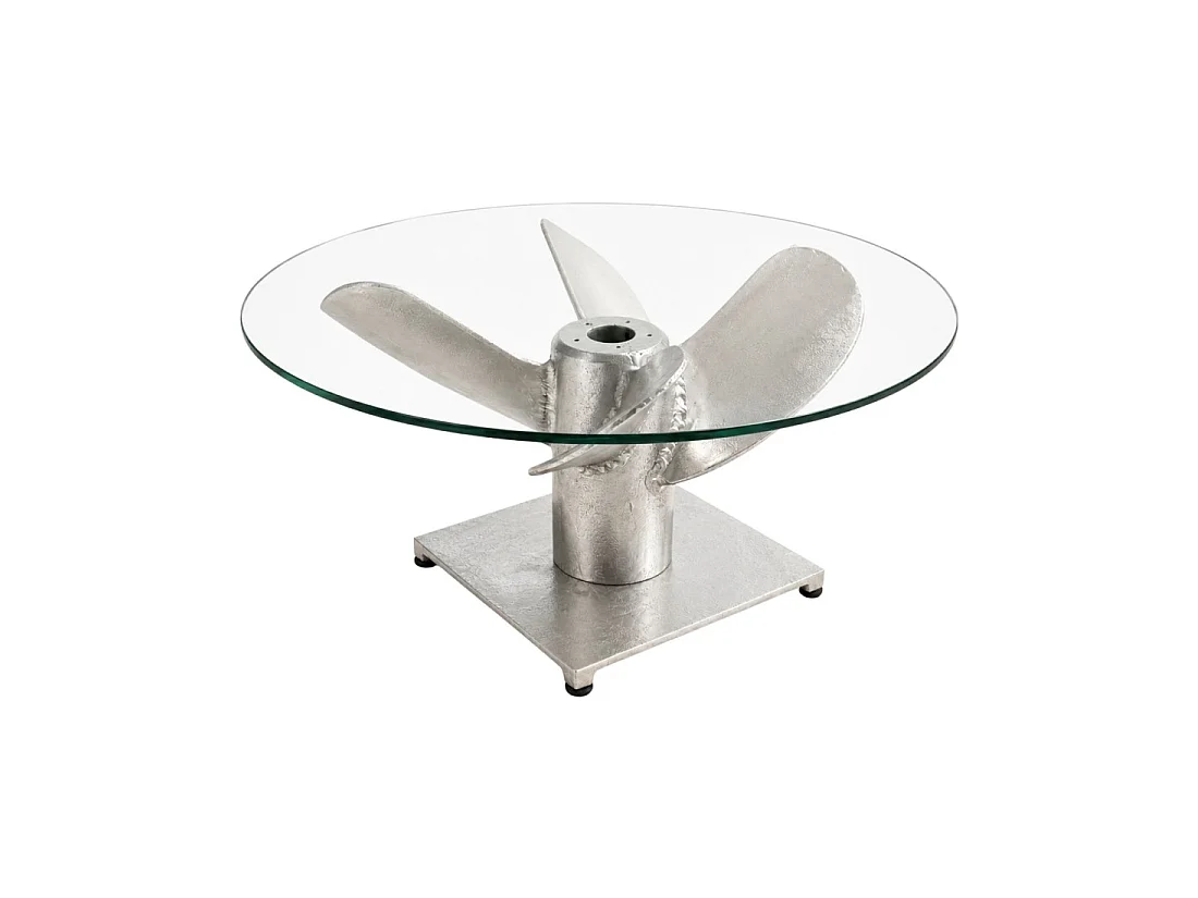 Table basse ALUMIA ronde 70 cm aluminium argenté et verre trempé – design industriel pied hélice