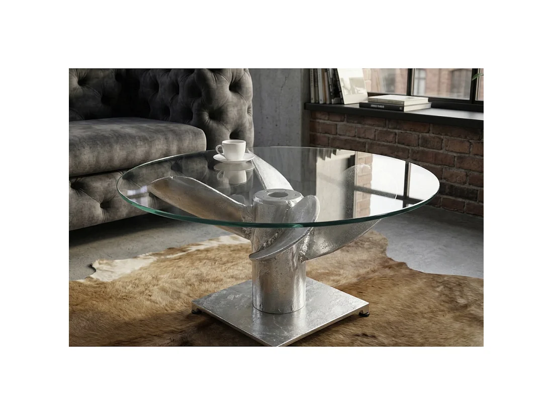 Table basse ALUMIA ronde 70 cm aluminium argenté et verre trempé – design industriel pied hélice