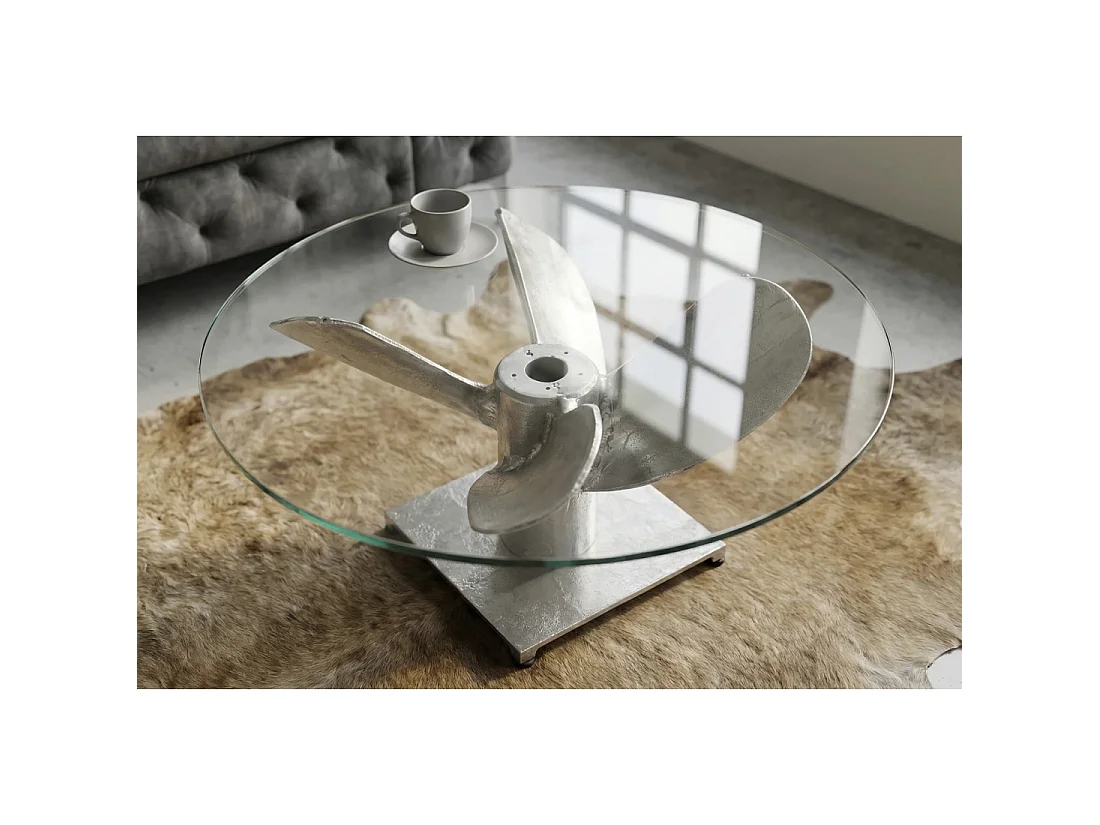 Table basse ALUMIA ronde 70 cm aluminium argenté et verre trempé – design industriel pied hélice