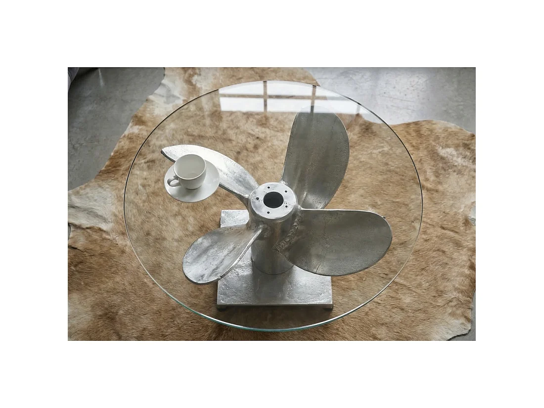 Table basse ALUMIA ronde 70 cm aluminium argenté et verre trempé – design industriel pied hélice