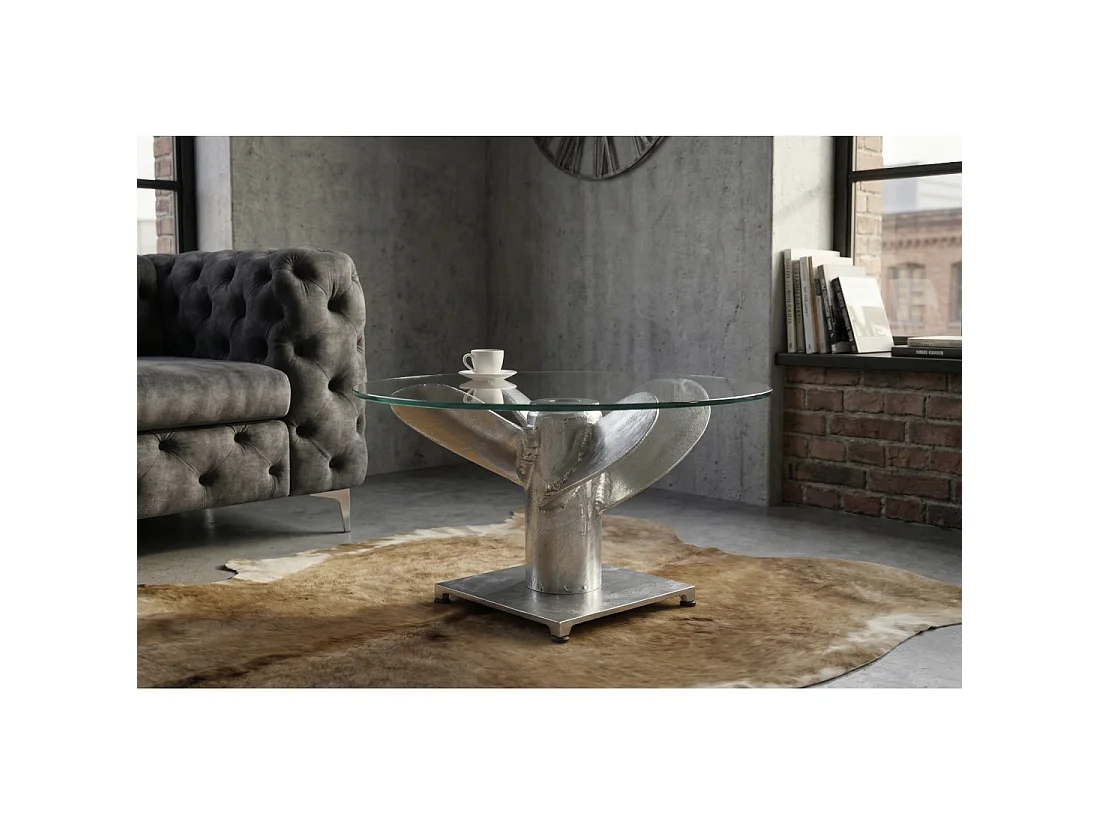 Table basse ALUMIA ronde 70 cm aluminium argenté et verre trempé – design industriel pied hélice