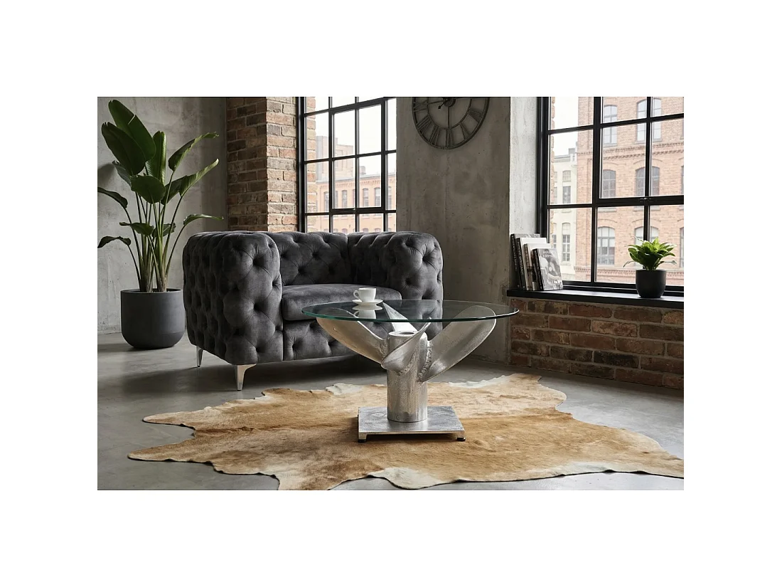 Table basse ALUMIA ronde 70 cm aluminium argenté et verre trempé – design industriel pied hélice