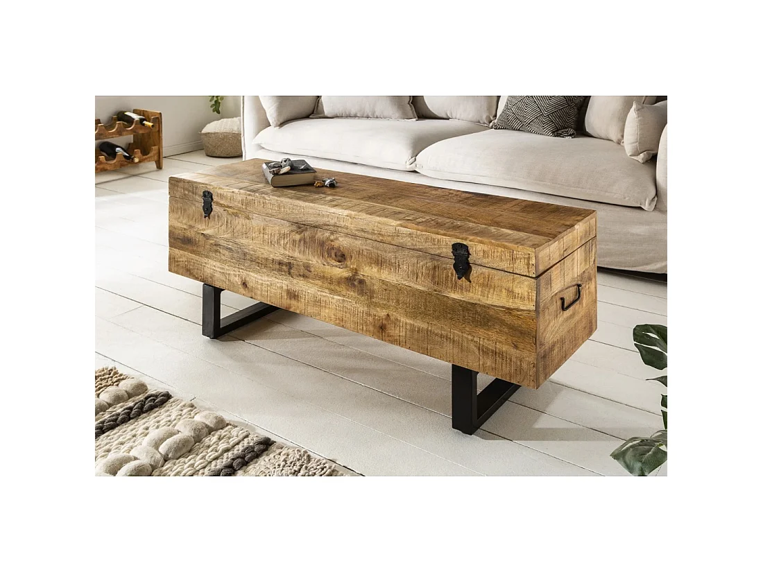 Table basse ou banc coffre MERAX 115 cm en bois de manguier massif et métal style industriel