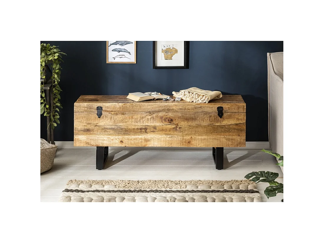 Table basse ou banc coffre MERAX 115 cm en bois de manguier massif et métal style industriel