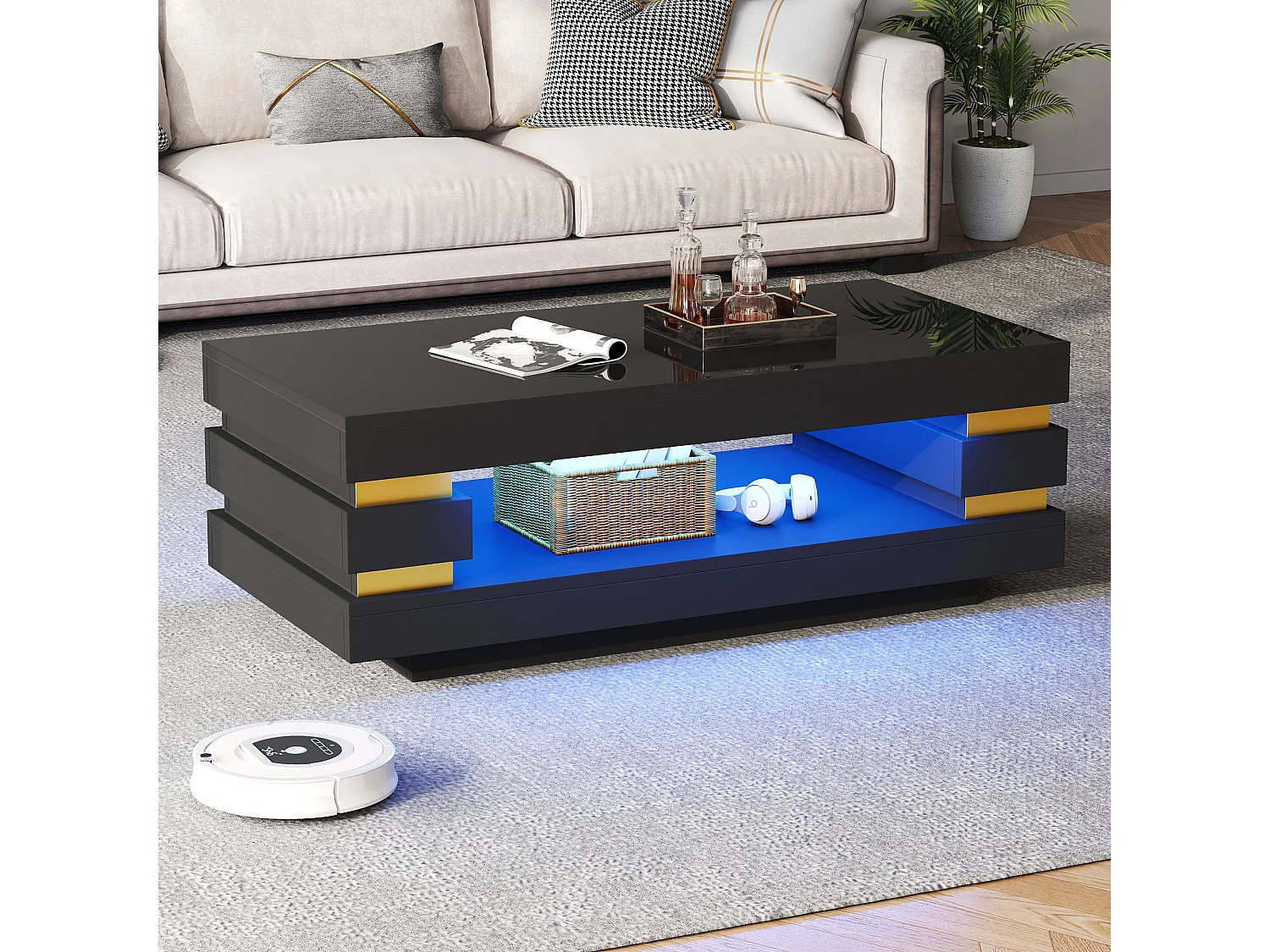 Table basse 100 x 50 x 35 cm avec rangement - Finition brillant noir