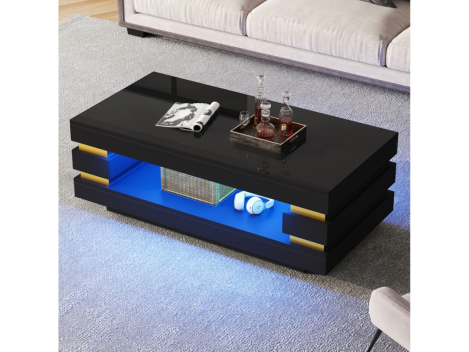 Table basse 100 x 50 x 35 cm avec rangement - Finition brillant noir