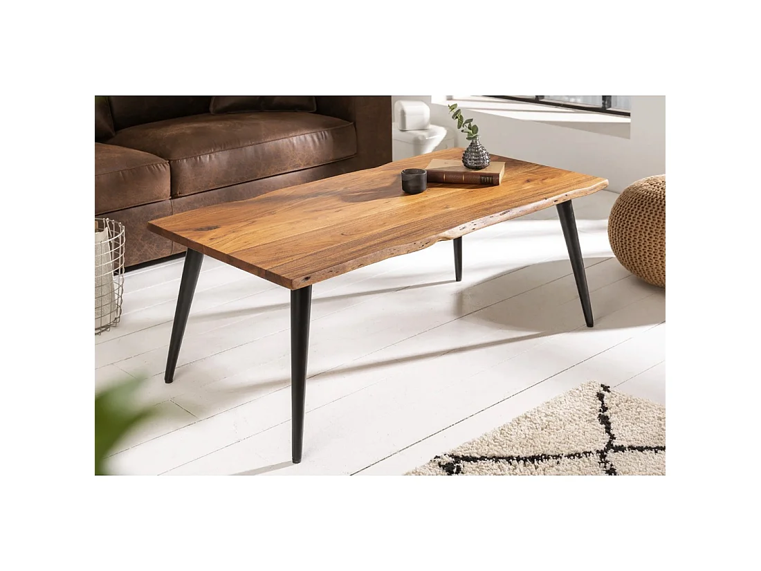 Salontafel NERA 110 cm in massief acaciahout met zwarte metalen poten - industriële stijl