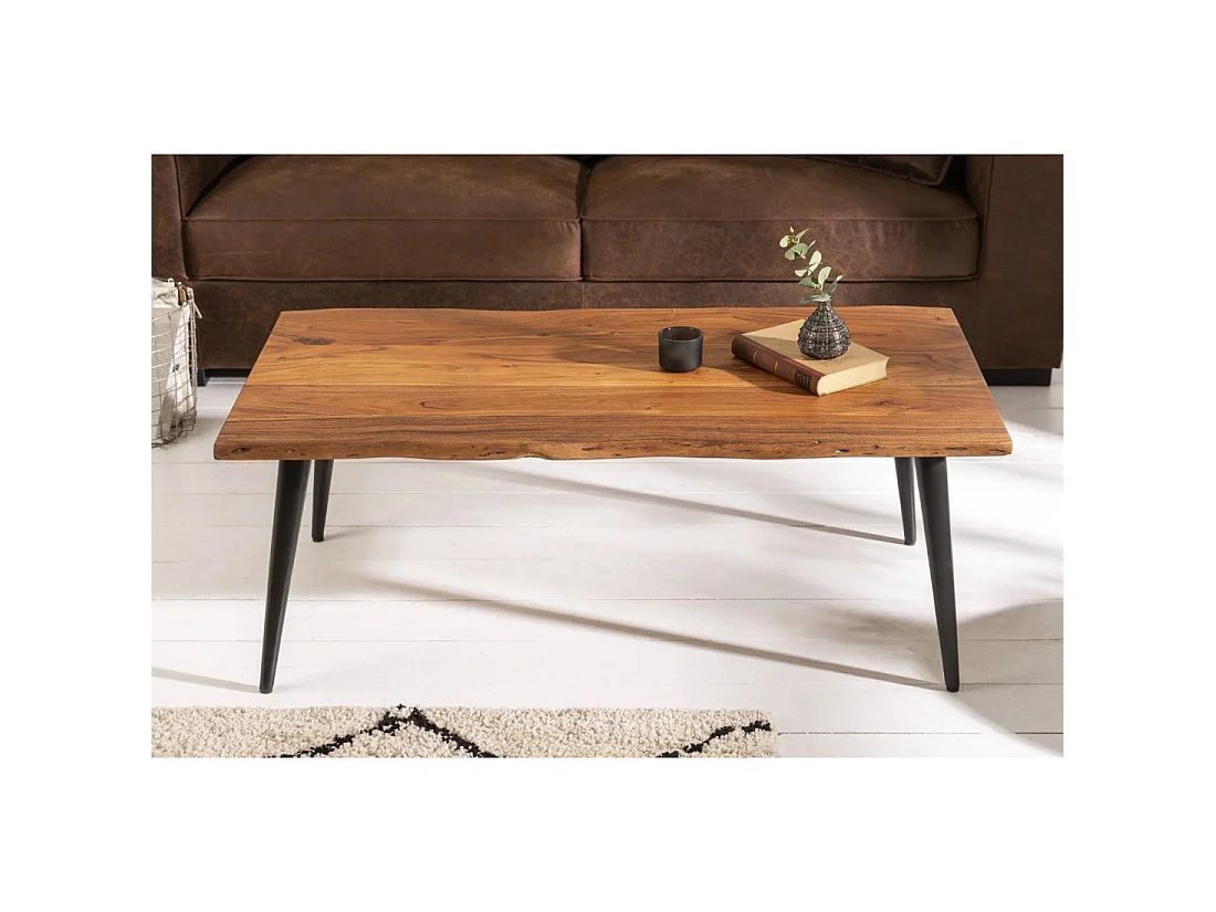 Salontafel NERA 110 cm in massief acaciahout met zwarte metalen poten - industriële stijl