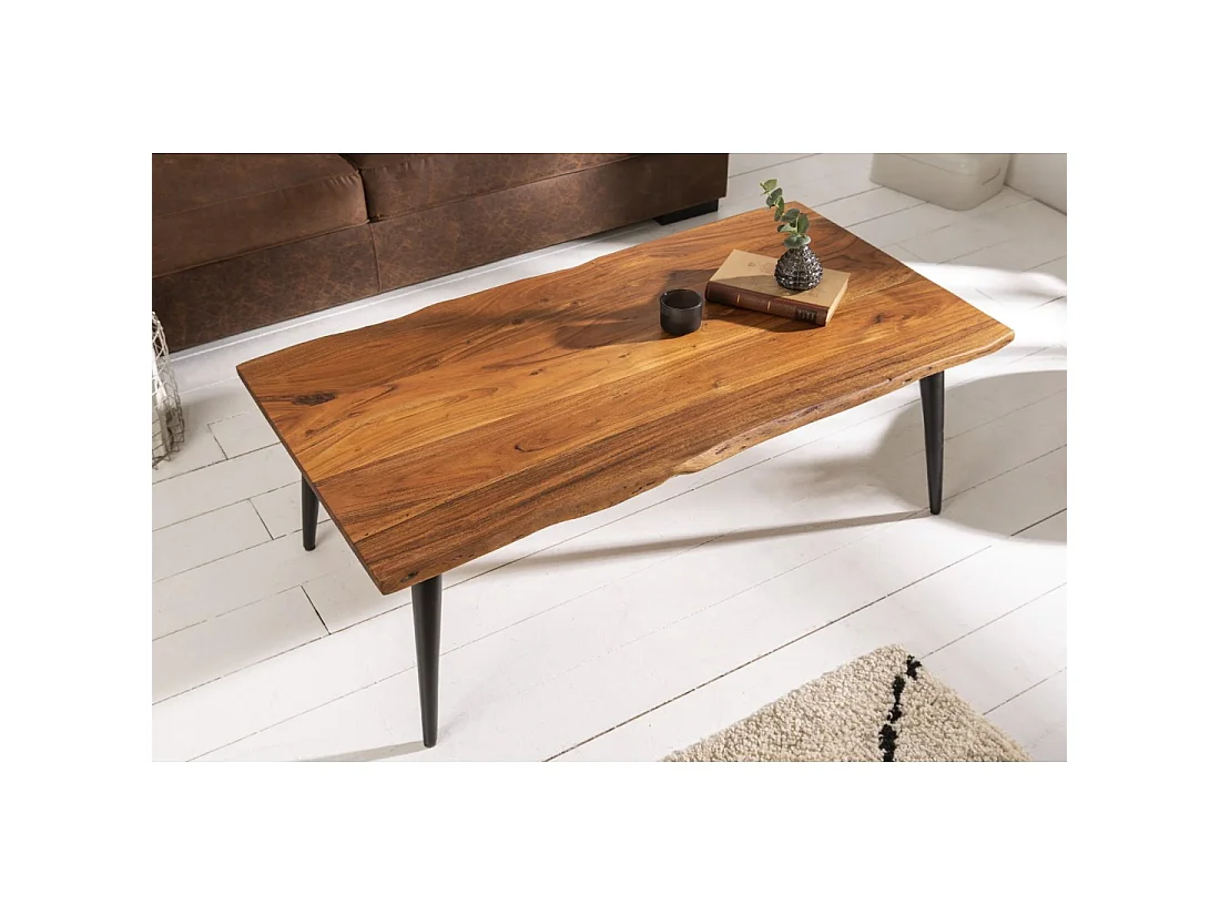 Salontafel NERA 110 cm in massief acaciahout met zwarte metalen poten - industriële stijl