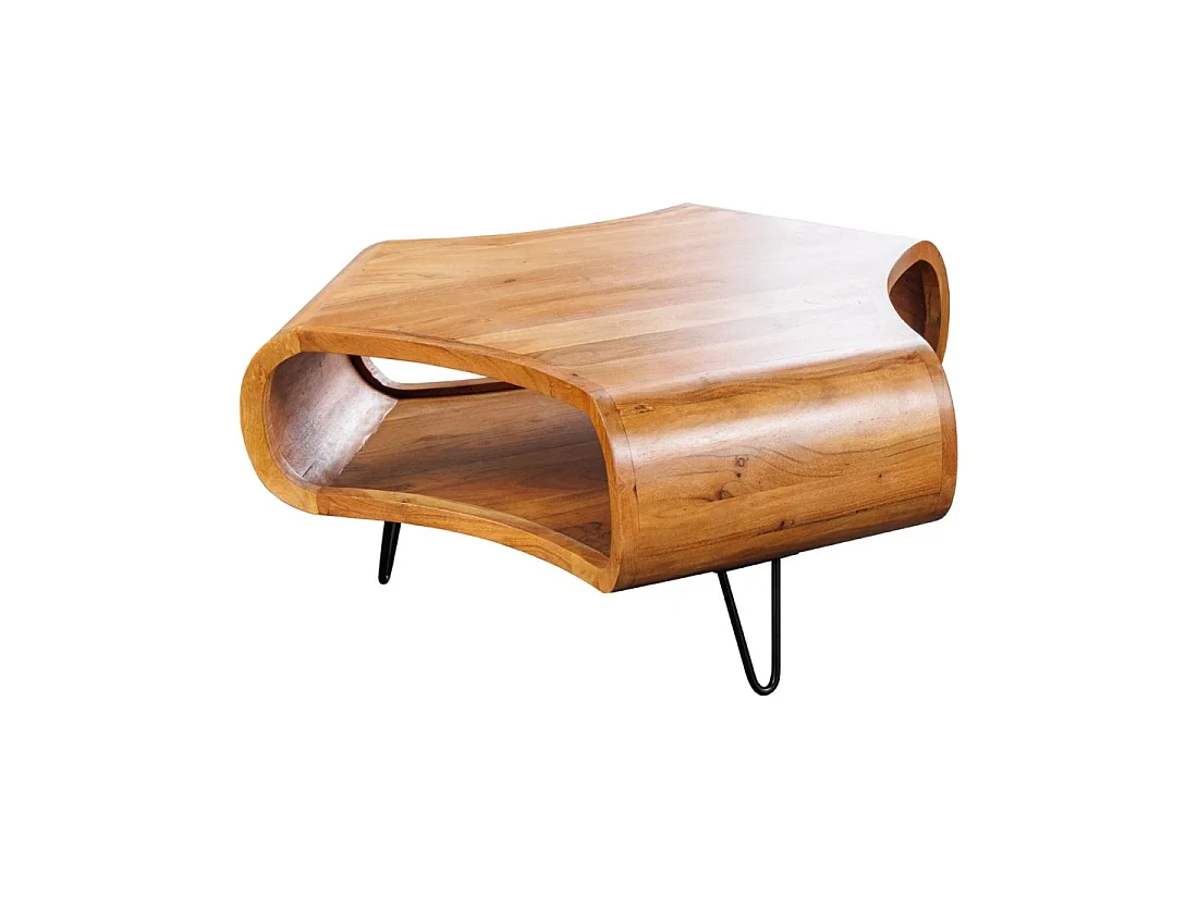 Couchtisch NERA 90 cm aus massivem Akazienholz mit Ablage und schwarzen Metallbeinen – Retro-Industriestil