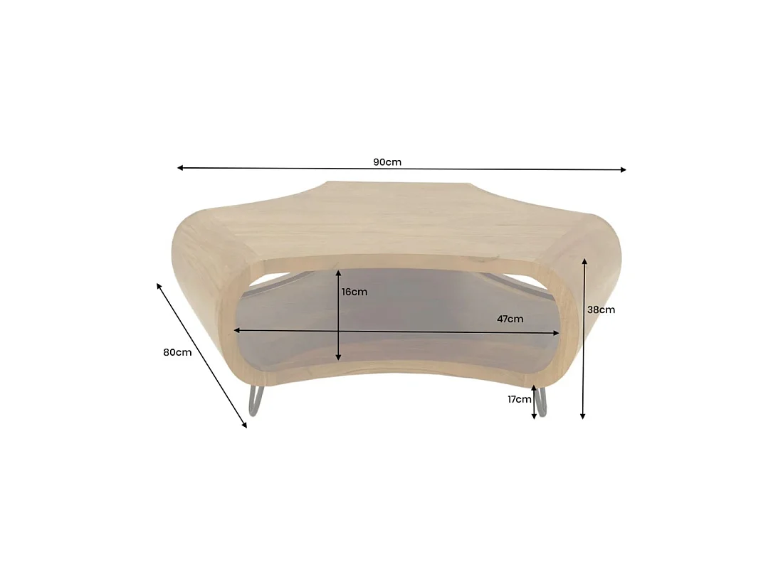 Couchtisch NERA 90 cm aus massivem Akazienholz mit Ablage und schwarzen Metallbeinen – Retro-Industriestil