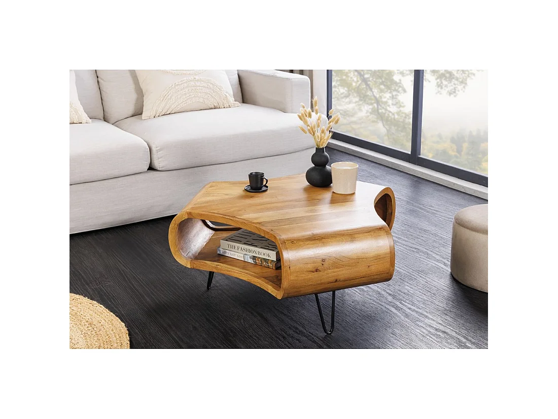 Couchtisch NERA 90 cm aus massivem Akazienholz mit Ablage und schwarzen Metallbeinen – Retro-Industriestil