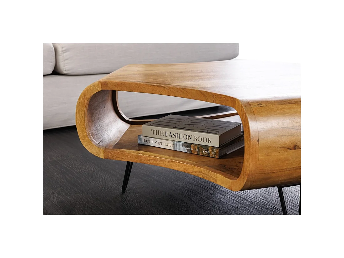 Couchtisch NERA 90 cm aus massivem Akazienholz mit Ablage und schwarzen Metallbeinen – Retro-Industriestil