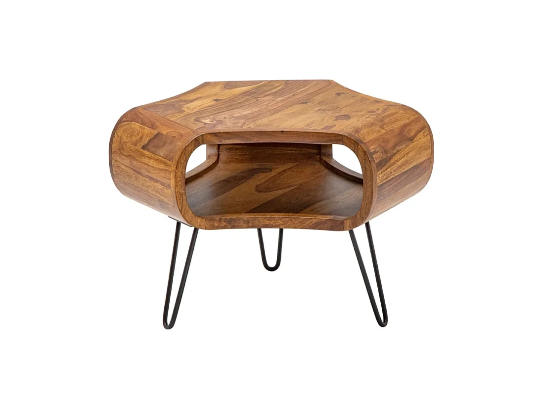 Couchtisch NERA 70 cm aus massivem Sheeshamholz mit Ablagefach und schwarzen Metallbeinen – Industrieller Retro-Stil