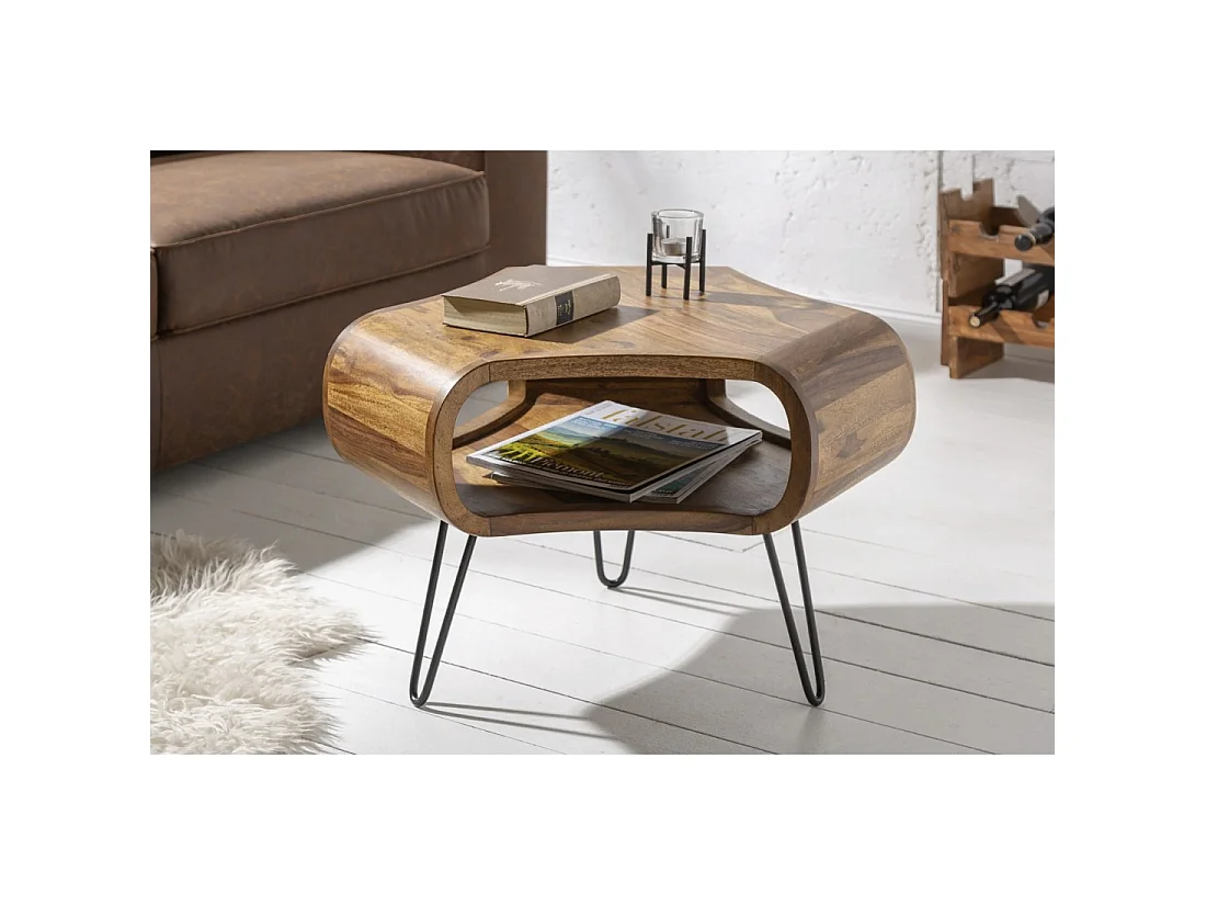Couchtisch NERA 70 cm aus massivem Sheeshamholz mit Ablagefach und schwarzen Metallbeinen – Industrieller Retro-Stil
