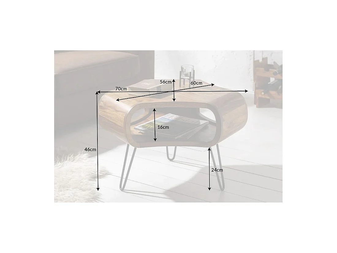 Couchtisch NERA 70 cm aus massivem Sheeshamholz mit Ablagefach und schwarzen Metallbeinen – Industrieller Retro-Stil
