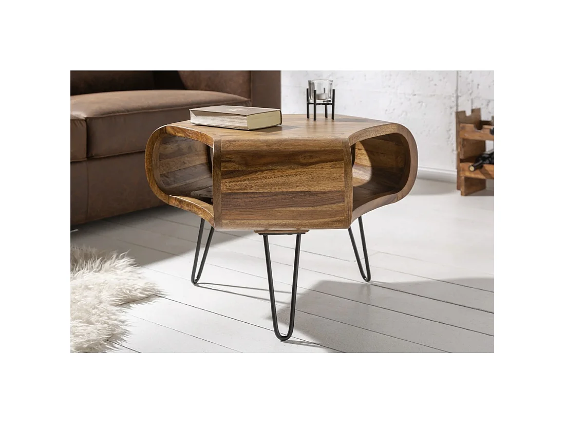 Couchtisch NERA 70 cm aus massivem Sheeshamholz mit Ablagefach und schwarzen Metallbeinen – Industrieller Retro-Stil