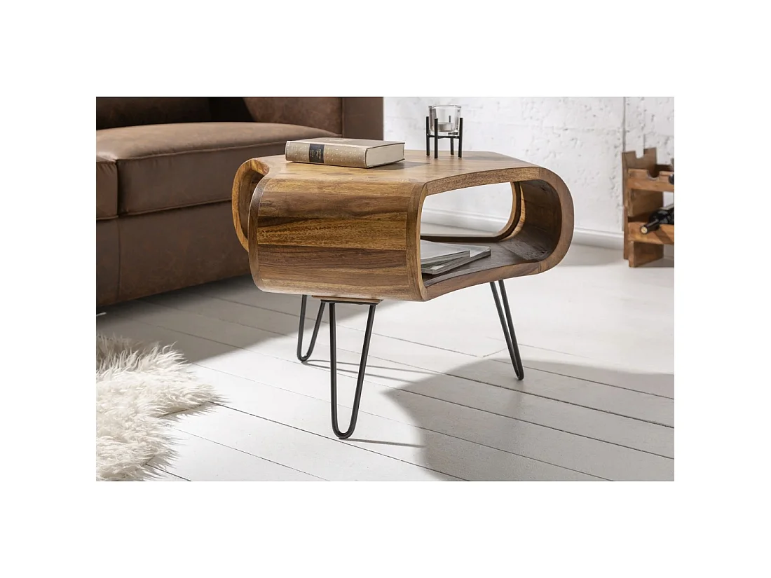 Couchtisch NERA 70 cm aus massivem Sheeshamholz mit Ablagefach und schwarzen Metallbeinen – Industrieller Retro-Stil