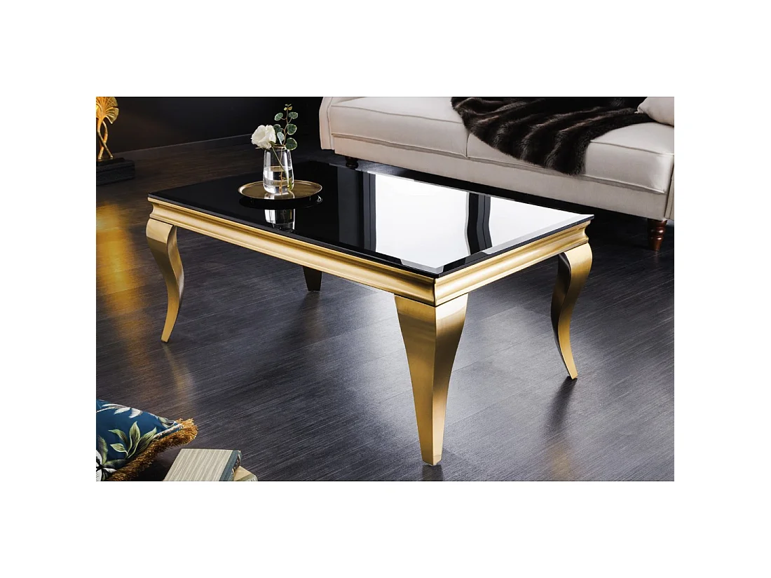 Glazen salontafel VELENA 100 cm zwart opaak – Gouden gebogen poten