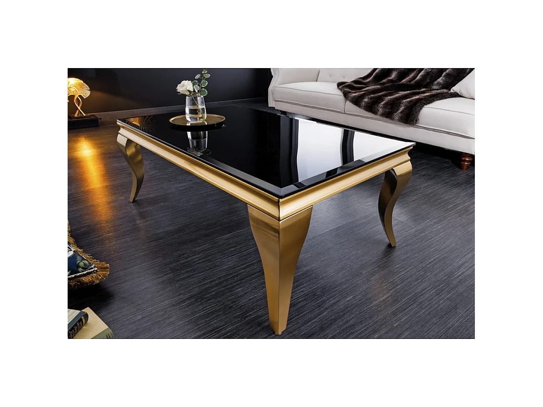 Glazen salontafel VELENA 100 cm zwart opaak – Gouden gebogen poten
