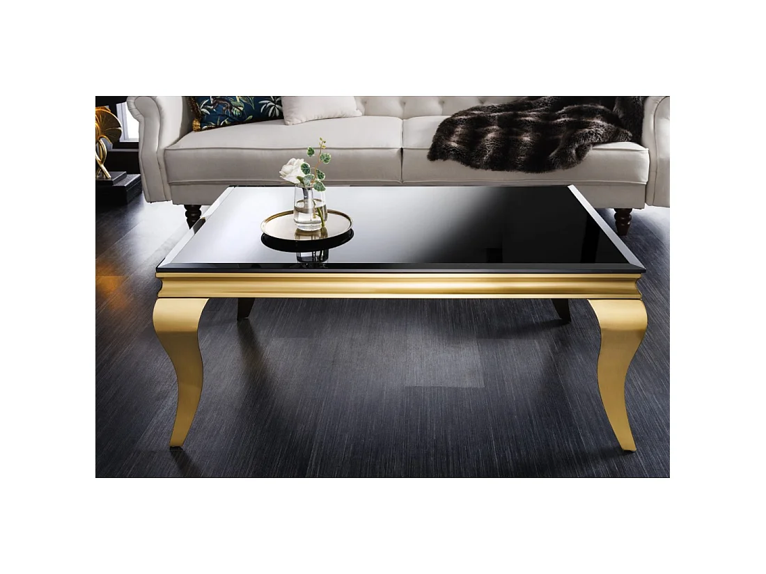Glazen salontafel VELENA 100 cm zwart opaak – Gouden gebogen poten