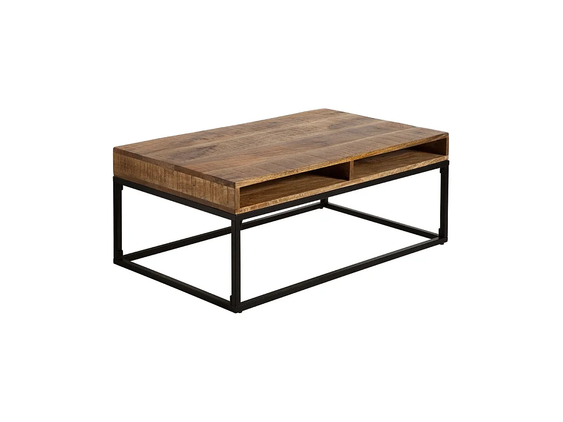 Mesa baja LODEN de 100 cm en madera maciza de mango con almacenamiento y metal negro - estilo industrial