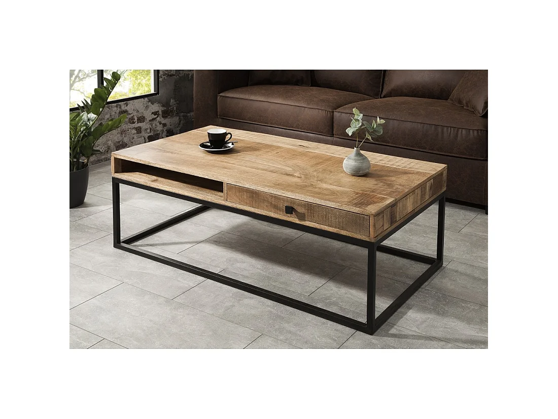 Mesa baja LODEN de 100 cm en madera maciza de mango con almacenamiento y metal negro - estilo industrial