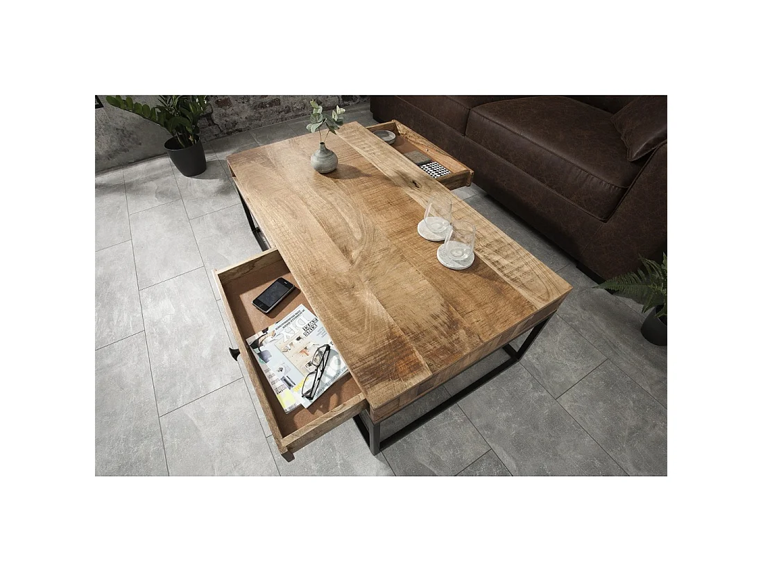 Mesa baja LODEN de 100 cm en madera maciza de mango con almacenamiento y metal negro - estilo industrial