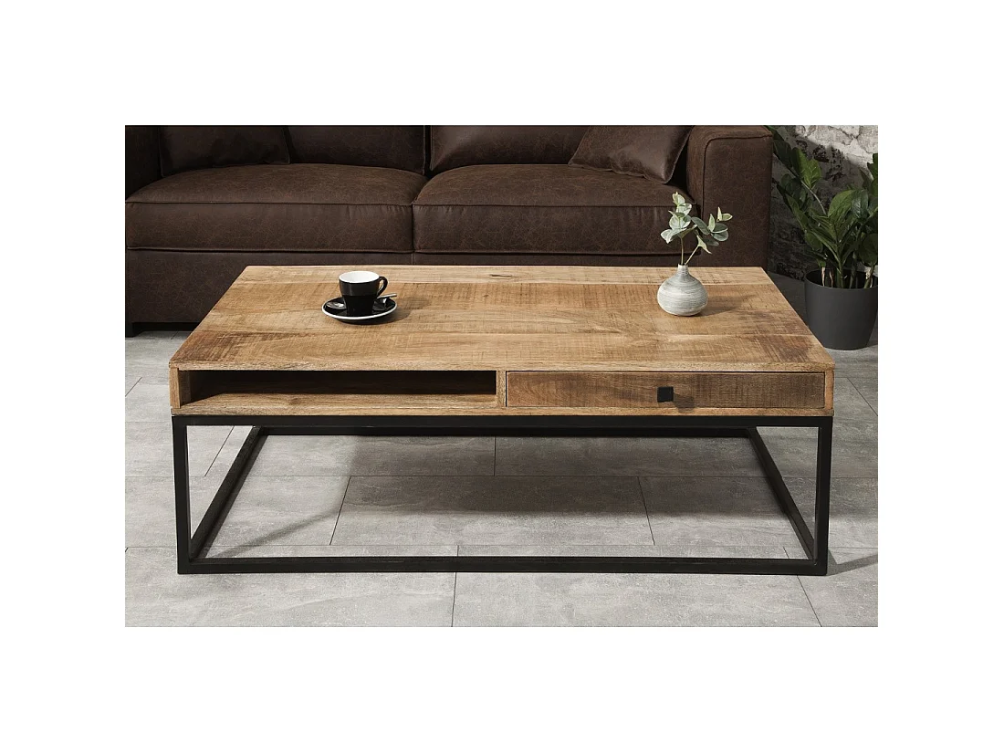Mesa baja LODEN de 100 cm en madera maciza de mango con almacenamiento y metal negro - estilo industrial