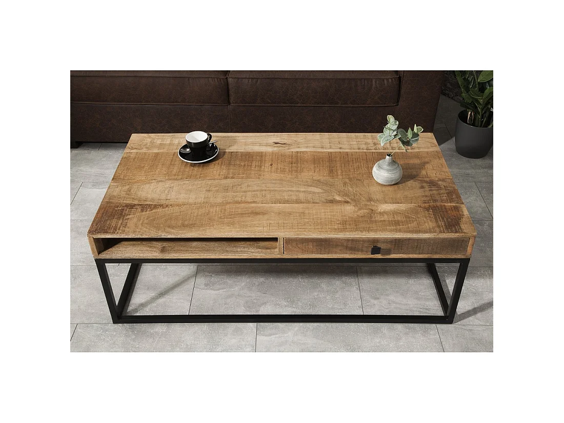 Mesa baja LODEN de 100 cm en madera maciza de mango con almacenamiento y metal negro - estilo industrial
