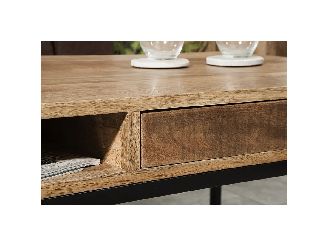 Mesa baja LODEN de 100 cm en madera maciza de mango con almacenamiento y metal negro - estilo industrial