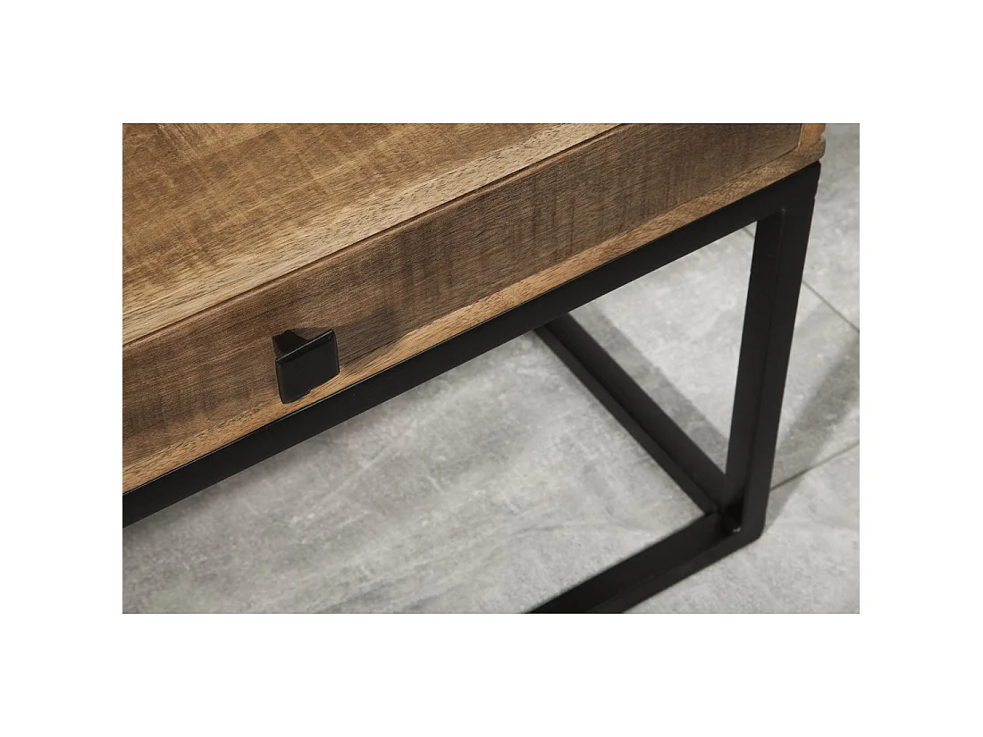 Mesa baja LODEN de 100 cm en madera maciza de mango con almacenamiento y metal negro - estilo industrial