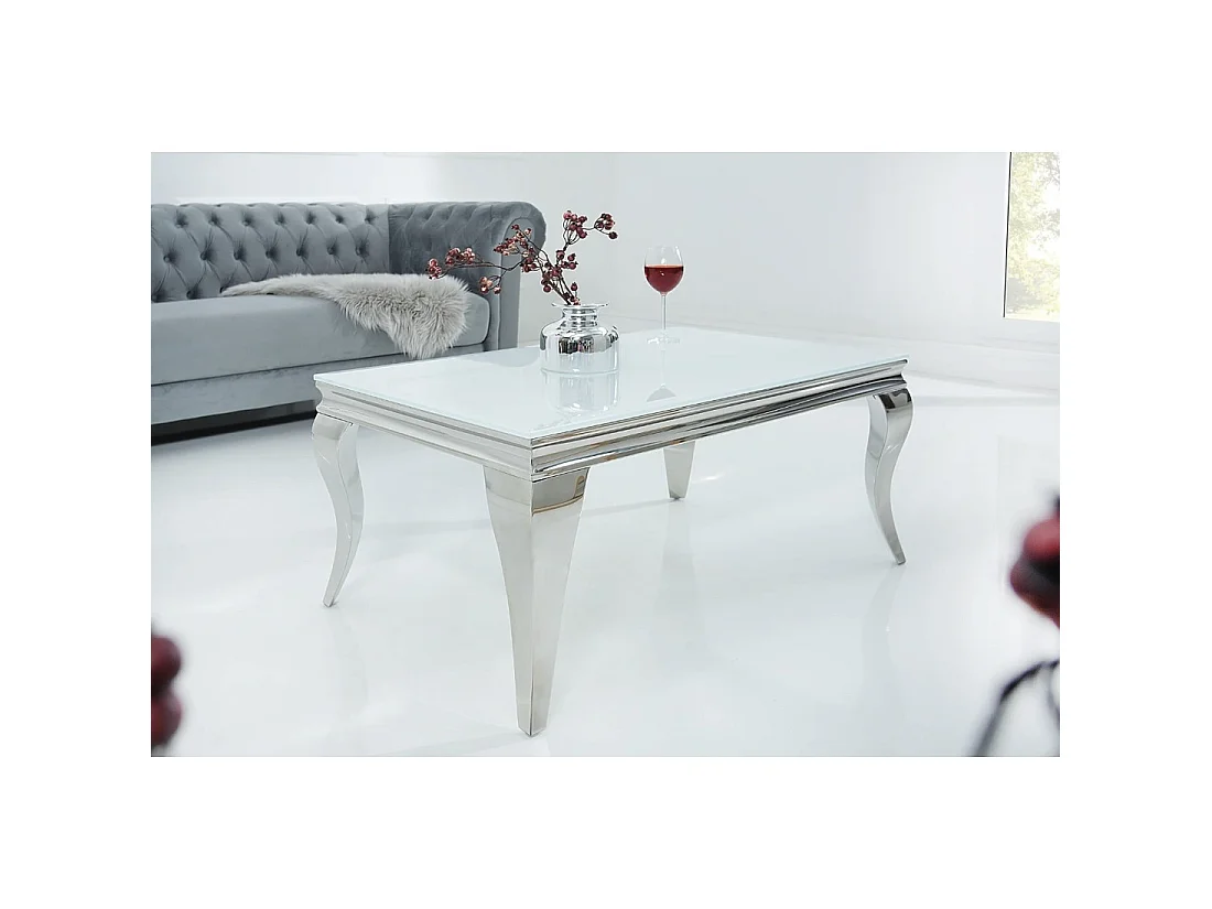 Table basse VELENA 100 cm argentée avec verre trempé opaque – Pieds galbés style baroque