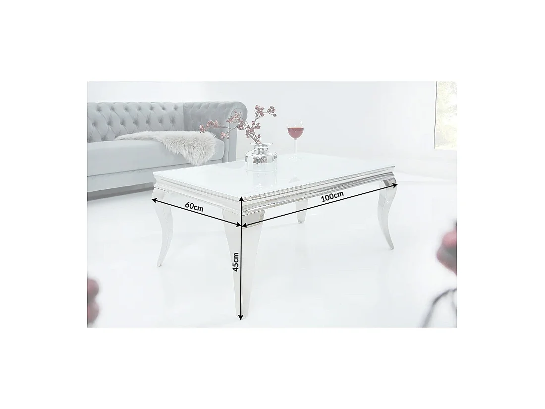 Table basse VELENA 100 cm argentée avec verre trempé opaque – Pieds galbés style baroque