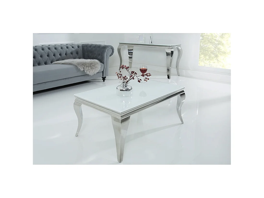 Table basse VELENA 100 cm argentée avec verre trempé opaque – Pieds galbés style baroque