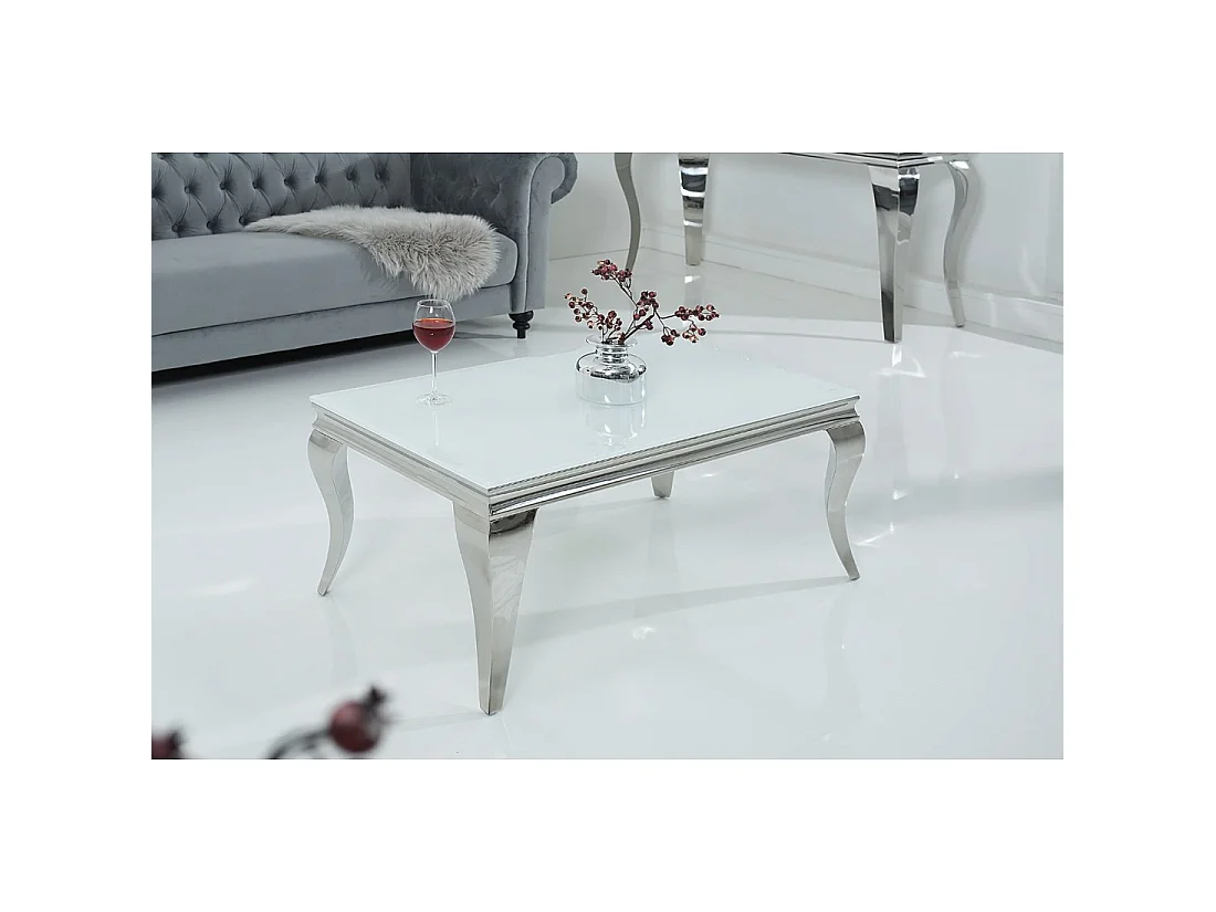 Table basse VELENA 100 cm argentée avec verre trempé opaque – Pieds galbés style baroque