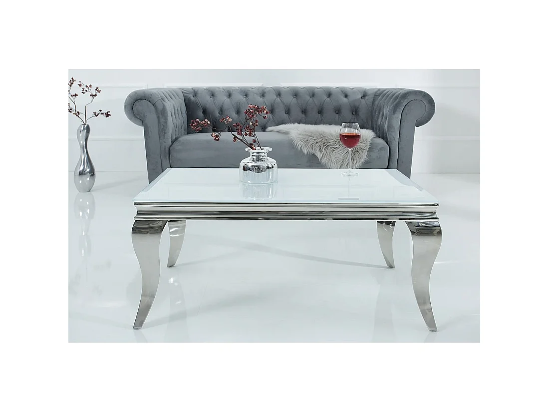 Table basse VELENA 100 cm argentée avec verre trempé opaque – Pieds galbés style baroque