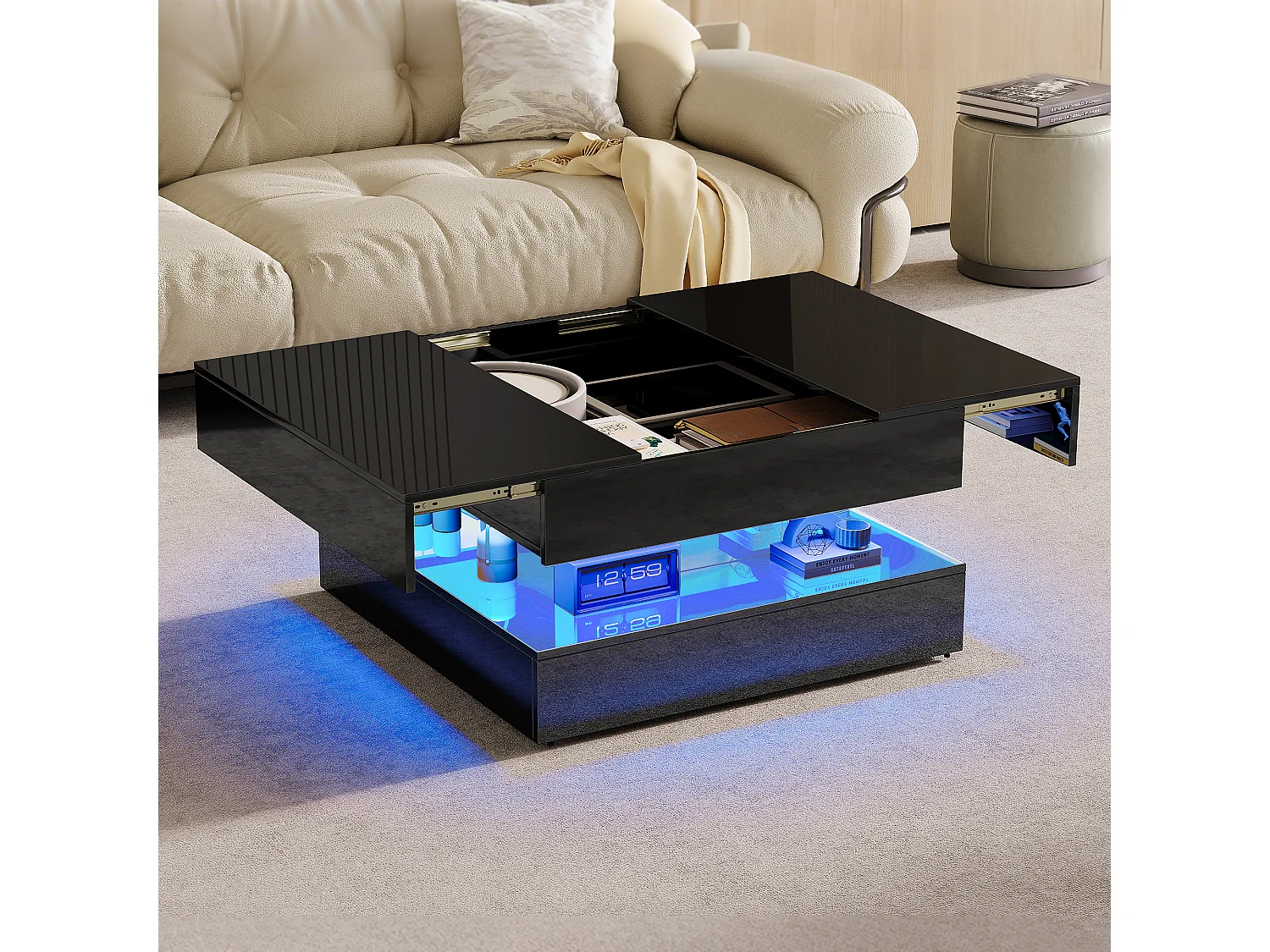 Table Basse Carrée Noire Brillant Design Moderne, 78x78x43cm, LED RGB Télécommande & APP, 2 Tiroirs à Pression, Rangement Pratique