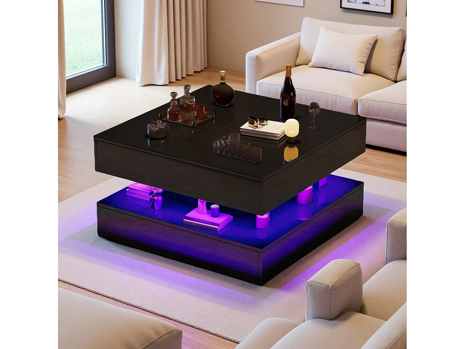 Table Basse Carrée Noire Brillant Design Moderne, 78x78x43cm, LED RGB Télécommande & APP, 2 Tiroirs à Pression, Rangement Pratique