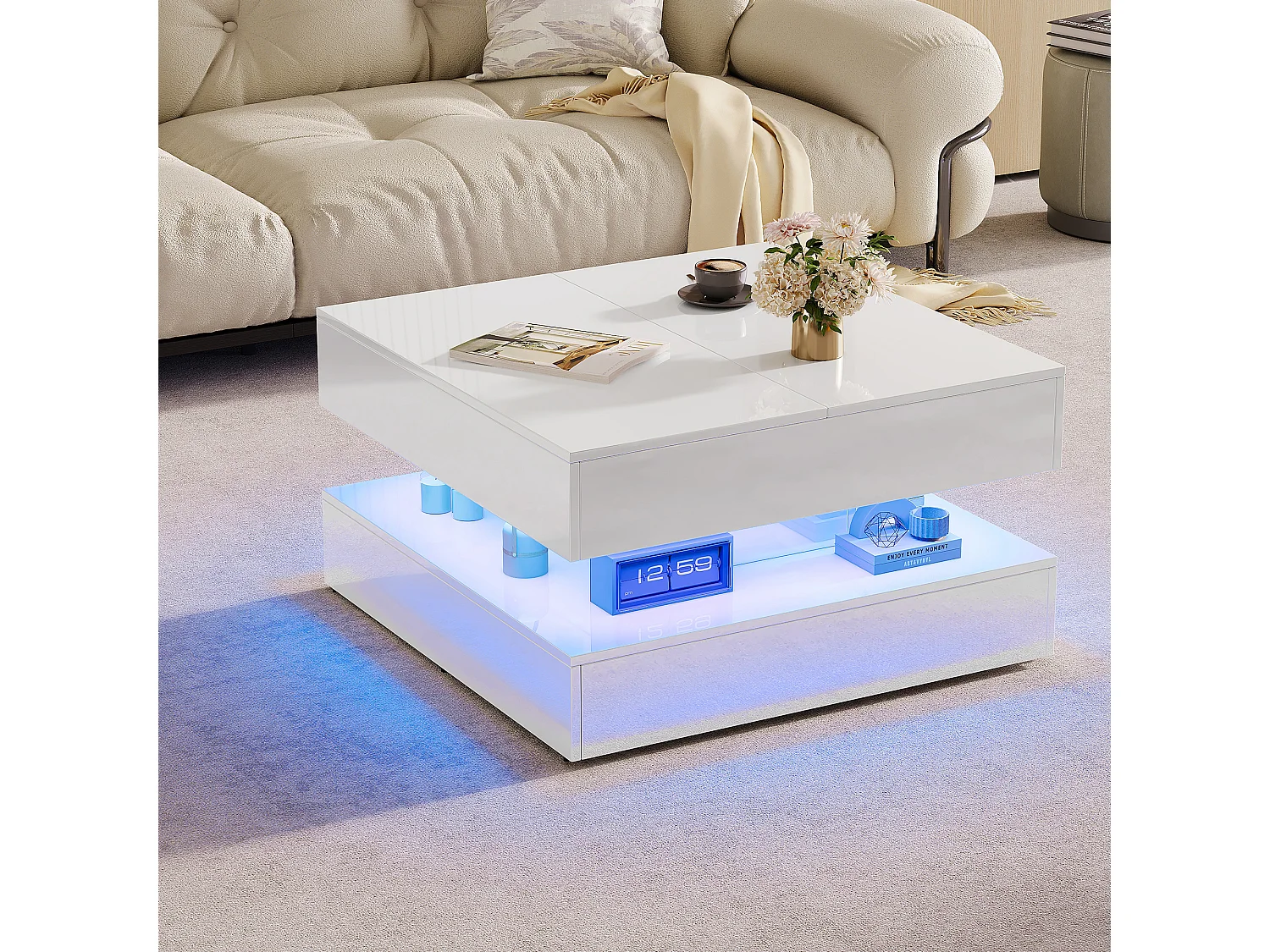 Table Basse Blanche Haute Brillance 78x78x43cm, Carrée avec LED RGB Contrôle APP, 2 Tiroirs Press-to-Open, Multicolore