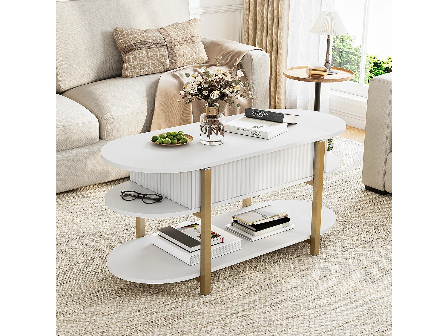 Table Basse Relevable, 106×44×50 cm, Blanc Moderne, avec Cache-Central, 3 Étagères, pour Salon, Multi-fonction